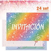 Kesote 24 Tarjetas de Invitación en Español Arco Iris con Purpurina Tarjetas de Invitación Cumpleaños Infantil- Bautizo…